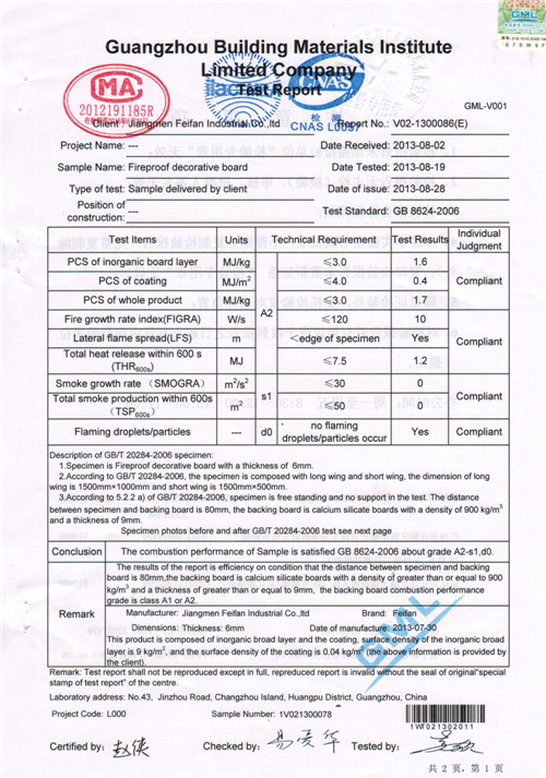 Feifan fireproof A2-s1,d0 certificate 1