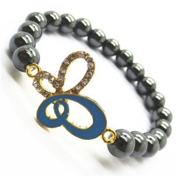 Hematite 8MM Round Beads Stretch Gemstone Bracelet with Diamante alloy butterflyPiece