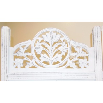 Lotus Antique White 4 Panel folding Screen 72x80 carved on both sides Handcrafted Wood Room Divider