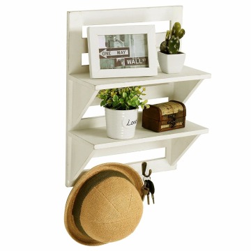 Rustic Wood Wall Mounted Organizer Shelves with 2 Hooks, 2-Tier Storage Rack