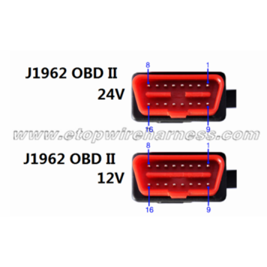 J1962 OBD 24V-12V connector with right-angel pin