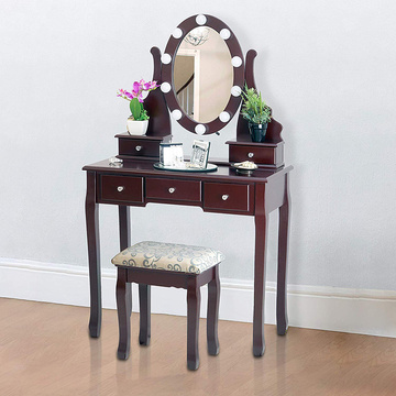 Brown Dressing Table with Stool and LED Lights with 5 Drawers and Mirror Dresser Furniture Dresser Makeup Table