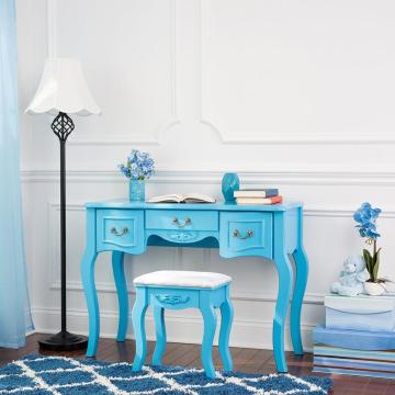 Blue color Beauty Station Makeup Table Wooden Stool Set Mirrors with Organization Drawers