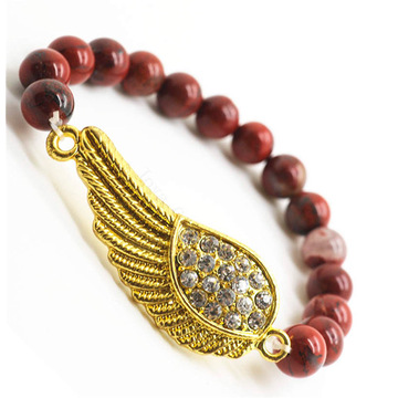 Red Jasper 8MM Round Beads Stretch Gemstone Bracelet with Diamante Wing Piece