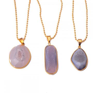 Real Agate Necklace with Druzy Crystal Pendant and gold Chain