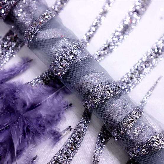 Purple Glitter Feather Lace Tulle Mesh Fabric