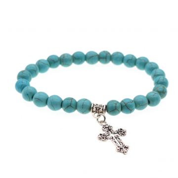 Natural Turquoise Chakra Gemstone 8MM Round Beads Charms Bracelet with Cross Alloy