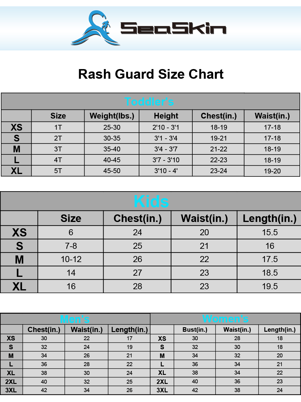 Seaskin Rashguard Size Chart