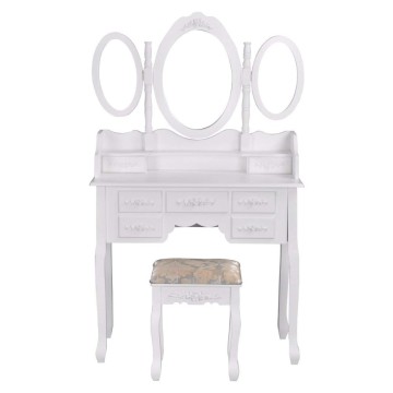 Shabby Chic White Dressing Table with 3 Oval Mirror and Stool Bedroom Sets 7 Storage Drawers Make Up Desk