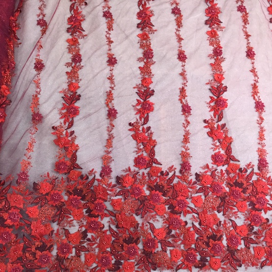 Red Handwork Beaded Embroidery Fabric