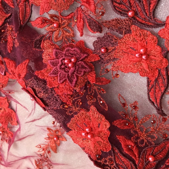 Red Handwork Beaded Embroidery Fabric