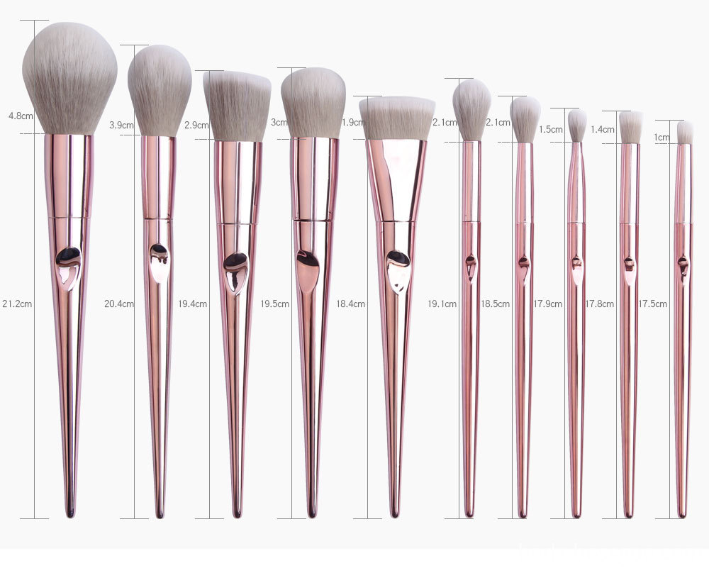 10 Piece Rose Gold Makeup Brushes Set Size