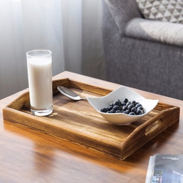 Set of 3 Torched Wood Rectangular Nesting Breakfast, Coffee Table / Butler Serving Trays, Dark Brown