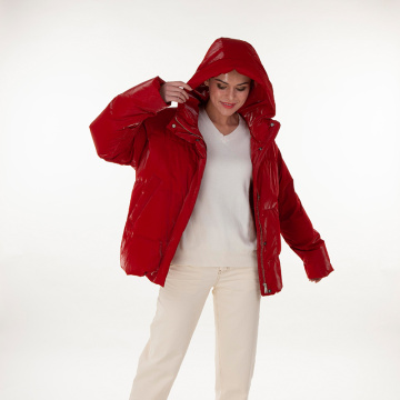 Red hooded normal down jacket