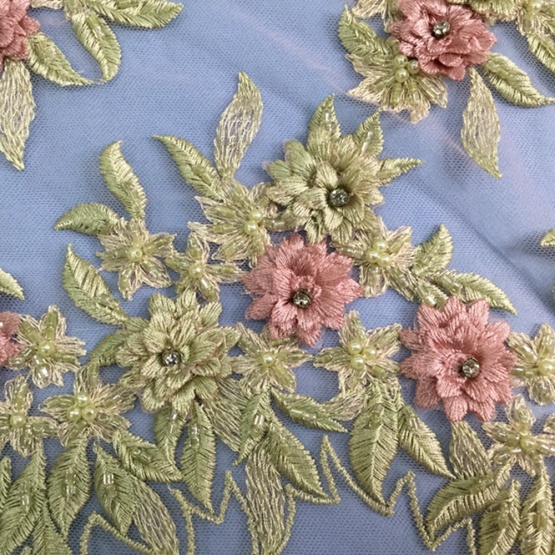 Green Flower Handwork Pearl Tulle Lace Fabric