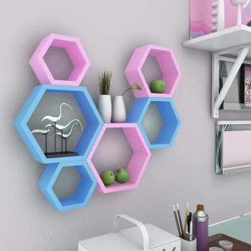 6 Piece Beehive MDF Wall Shelf, Pink and Sky Blue