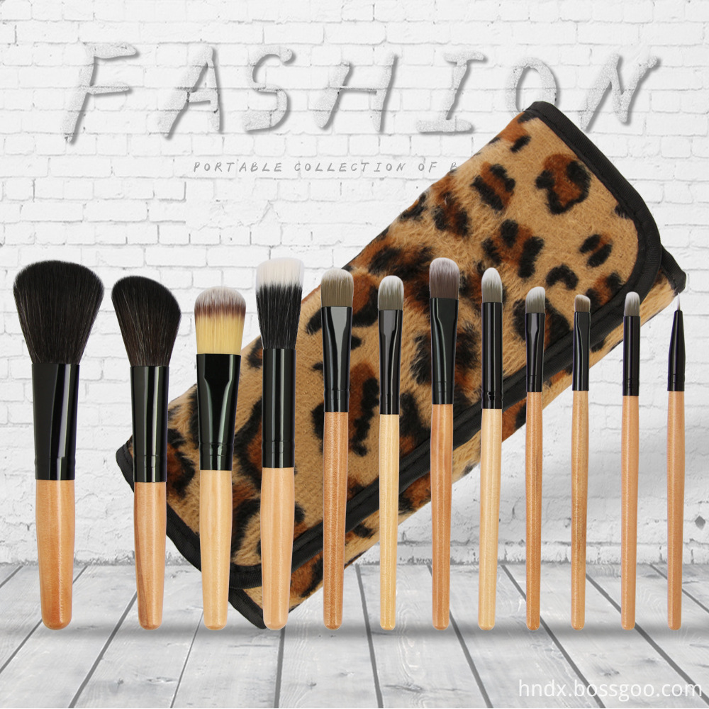 12Pcs Leopard Gold Wood Makeup Brushes Set 1