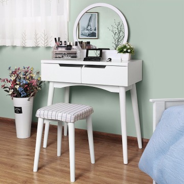 Table Set with Mirror 2 Large Sliding Drawers Makeup Dressing Table with Cushioned Stool