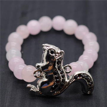 Rose Quartz 8MM Round Beads Stretch Gemstone Bracelet with Diamante alloy squirrel Piece