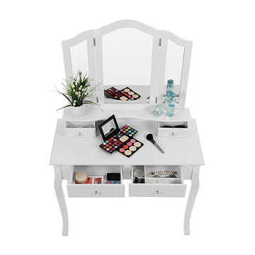 Movable Modern Wooden Dressing Table With Mirror And Stool