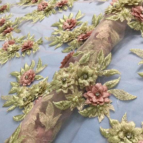 Green Flower Handwork Pearl Tulle Lace Fabric