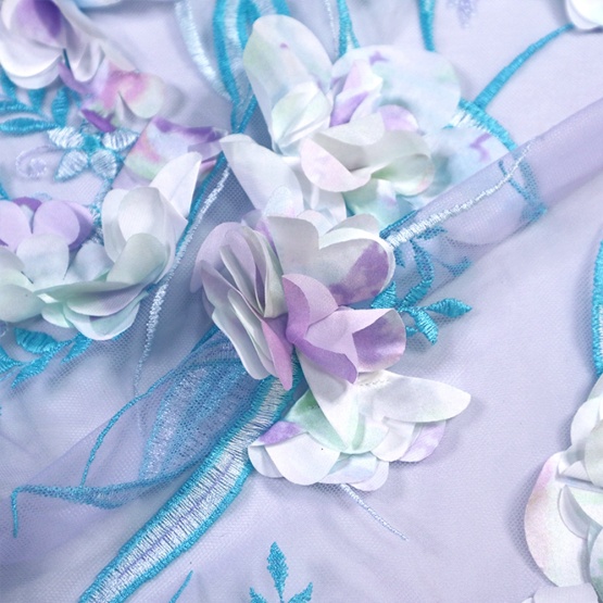 3D Blue Flower Lace Fabric Mesh Embroidery Lace