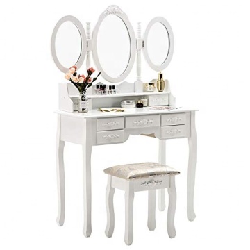 White Trifold Mirrors Makeup Vanity Table Set 7 Drawers Dressing Table