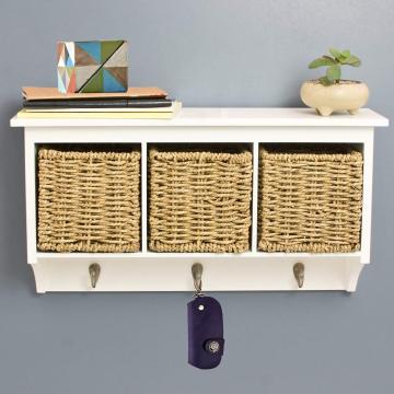White Entryway Hanging Cubby Shelf Coat Rack Storage Shelf with Seagrass Baskets