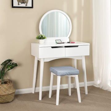 Vanity Table Set with Round Mirror 2 Large Sliding Drawers Makeup Dressing Table with Cushioned Stool, White