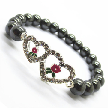 Hematite 8MM Round Beads Stretch Gemstone Bracelet with Diamante alloy double heart Piece