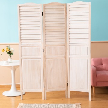 Whitewashed Wooden 4 Panel Screen, Folding Louvered Room Divider with the distressed look printing