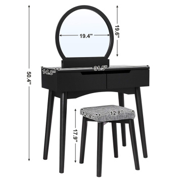 Black Vanity Table Set with Round Mirror 2 Large Sliding Drawers Dresser Makeup Table Dressing Table Set