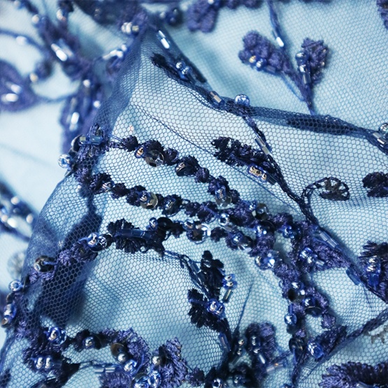 Dark Blue Beaded Embroidery Lace