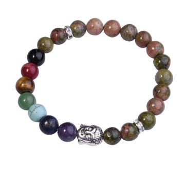 Unakite Bracelet Buddha 7 Chakra Gemstone Alloy Beads Jewelry Bangle
