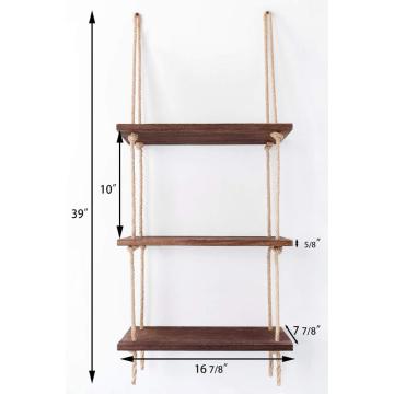 Wood Hanging Shelf Wall Swing Storage Shelves Jute Rope Organizer Rack 3 Tier