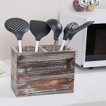 2 Compartment Torched Wood Kitchen Cooking Utensil Holder Organizer Box