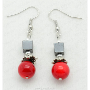 Red Coral Square Beads hematite earring