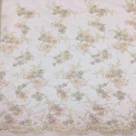 Beige handwork Beaded Embroidery Flower Fabric