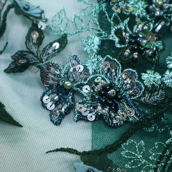 Dark Green Sequins Floral Embroidery