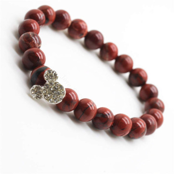 Red Jasper 8MM Round Beads Stretch Gemstone Bracelet with Diamante alloy Mickey Piece