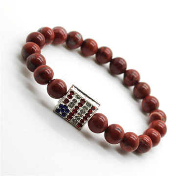 Red Jasper 8MM Round Beads Stretch Gemstone Bracelet with Diamante USA Flag Piece