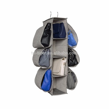 Hanging fabric handbag storage organizer with metal hanger