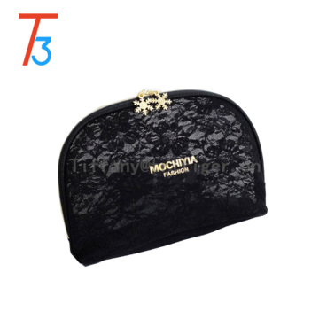 high quality gold zipper black lace shell makeup bag