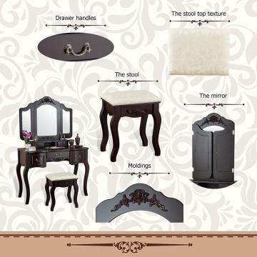 Black color Beauty Station Makeup Table Wooden Stool Set Mirrors with Organization Drawers
