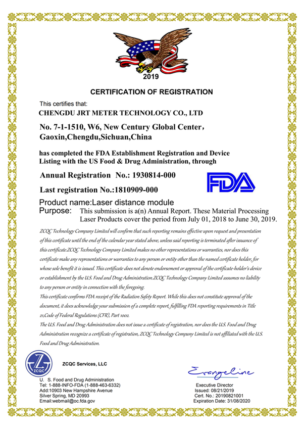 Fda Certificate For Tof Laser Distance Sensor