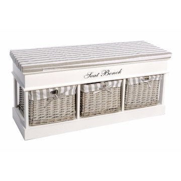 Three BASKET White Wooden Seat BENCH Useful Compartment Storage Organiser Fabric
