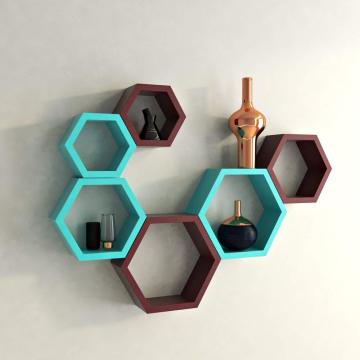 Wall Shelf Rack Set of 6 Hexagon Shape Storage Wall Shelves for Home - Sky Blue & Maroon
