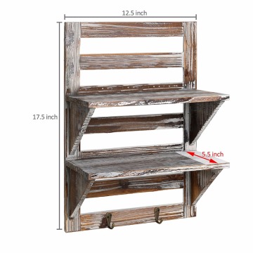 Rustic Wood Wall Mounted Organizer Shelves 2 tiers Storage hanging Rack Brown with 2 hooks