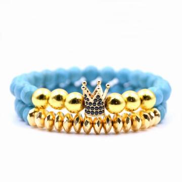 8 MM Howlite Beads Gold Crown Alloy Charm Bracelet for Women