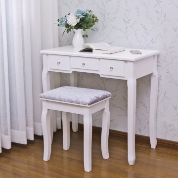 Vanity Set with Mirror Cushioned Stool Dressing Table Vanity Makeup Table 5 Drawers 2 Dividers Movable Organizers White